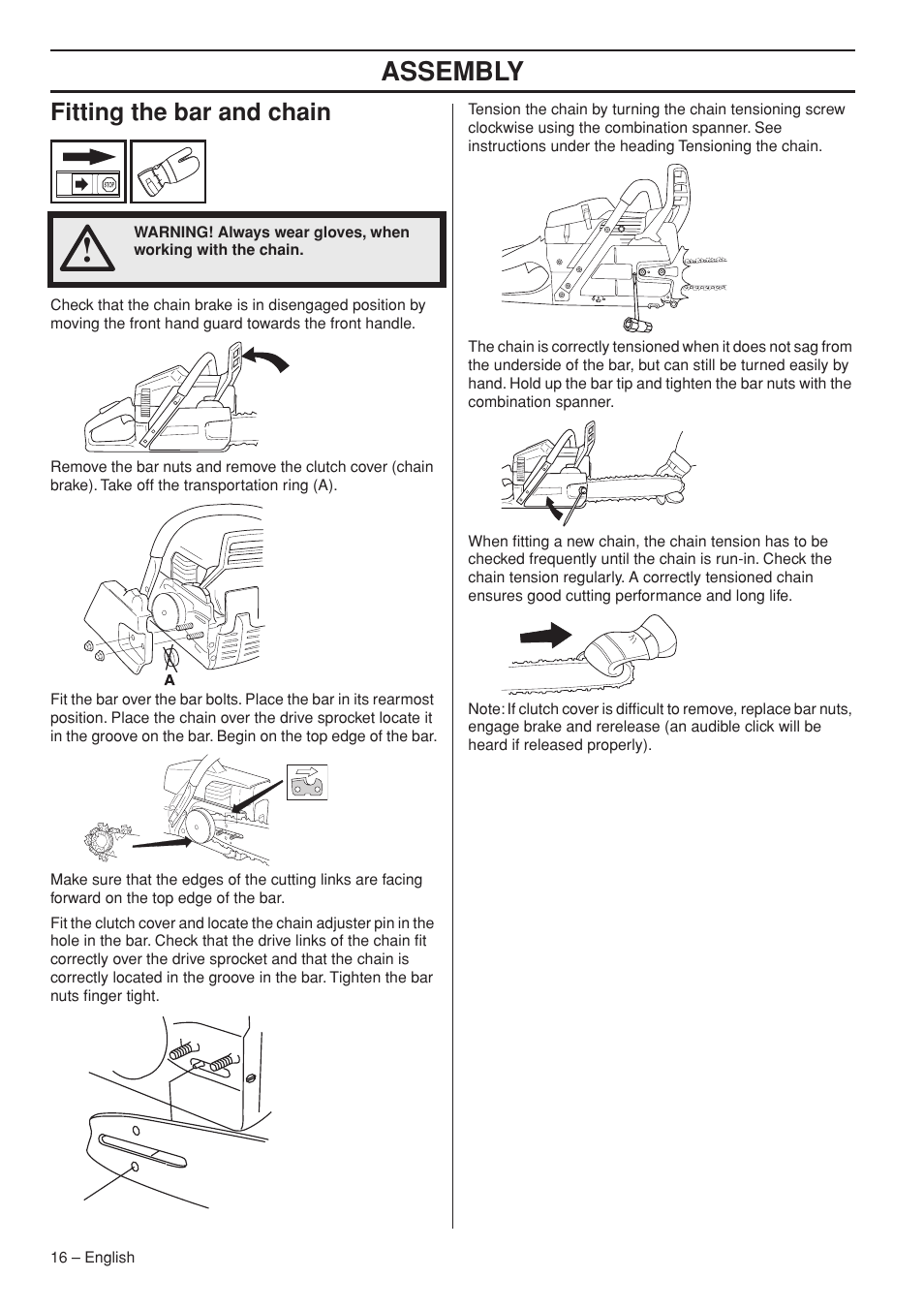 Fitting the bar and chain, Assembly | Husqvarna 1151322-95 User Manual | Page 16 / 44