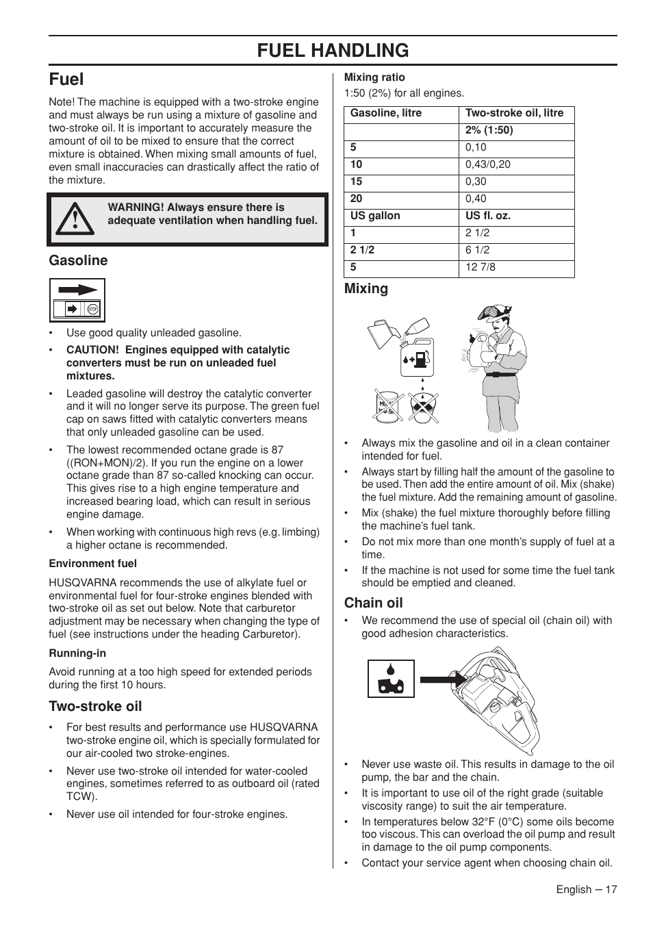 Fuel, Gasoline, Two-stroke oil | Mixing, Chain oil, Fuel handling | Husqvarna 1151322-95 User Manual | Page 17 / 44