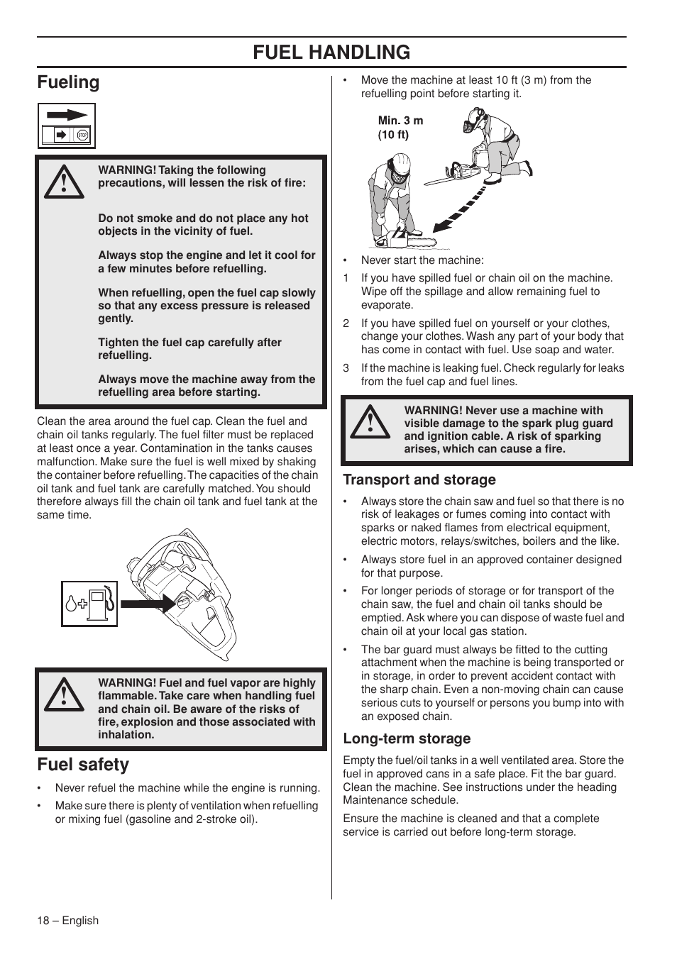 Fueling, Fuel safety, Transport and storage | Long-term storage, Fuel handling | Husqvarna 1151322-95 User Manual | Page 18 / 44