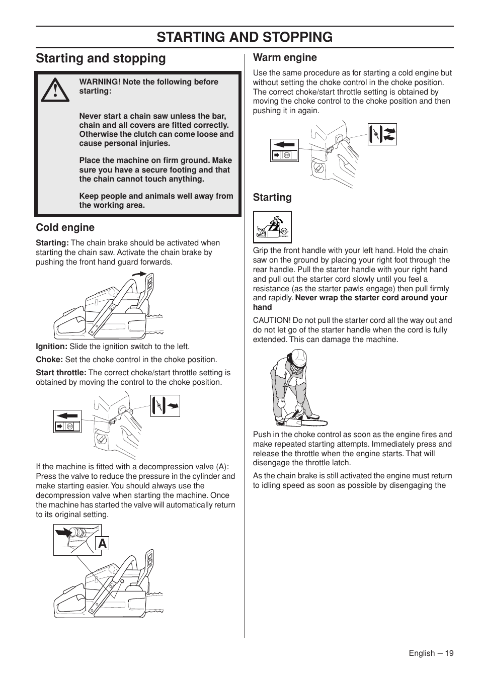 Starting and stopping, Cold engine, Warm engine | Starting | Husqvarna 1151322-95 User Manual | Page 19 / 44