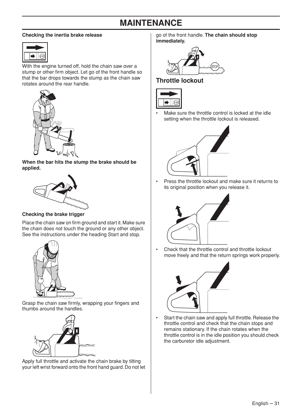 Throttle lockout, Maintenance | Husqvarna 1151322-95 User Manual | Page 31 / 44