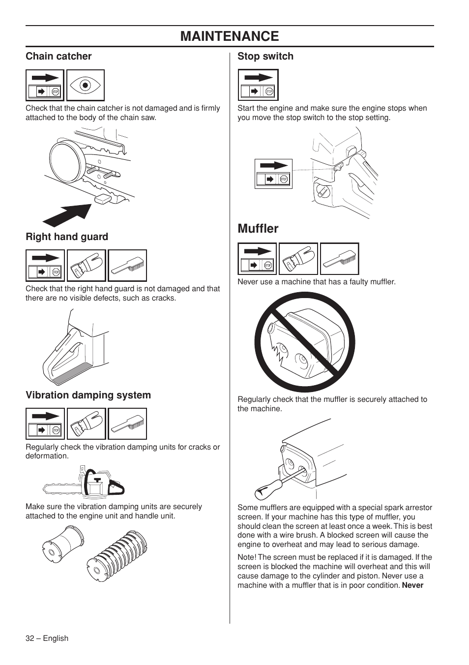 Chain catcher, Right hand guard, Vibration damping system | Stop switch, Muffler, Maintenance | Husqvarna 1151322-95 User Manual | Page 32 / 44