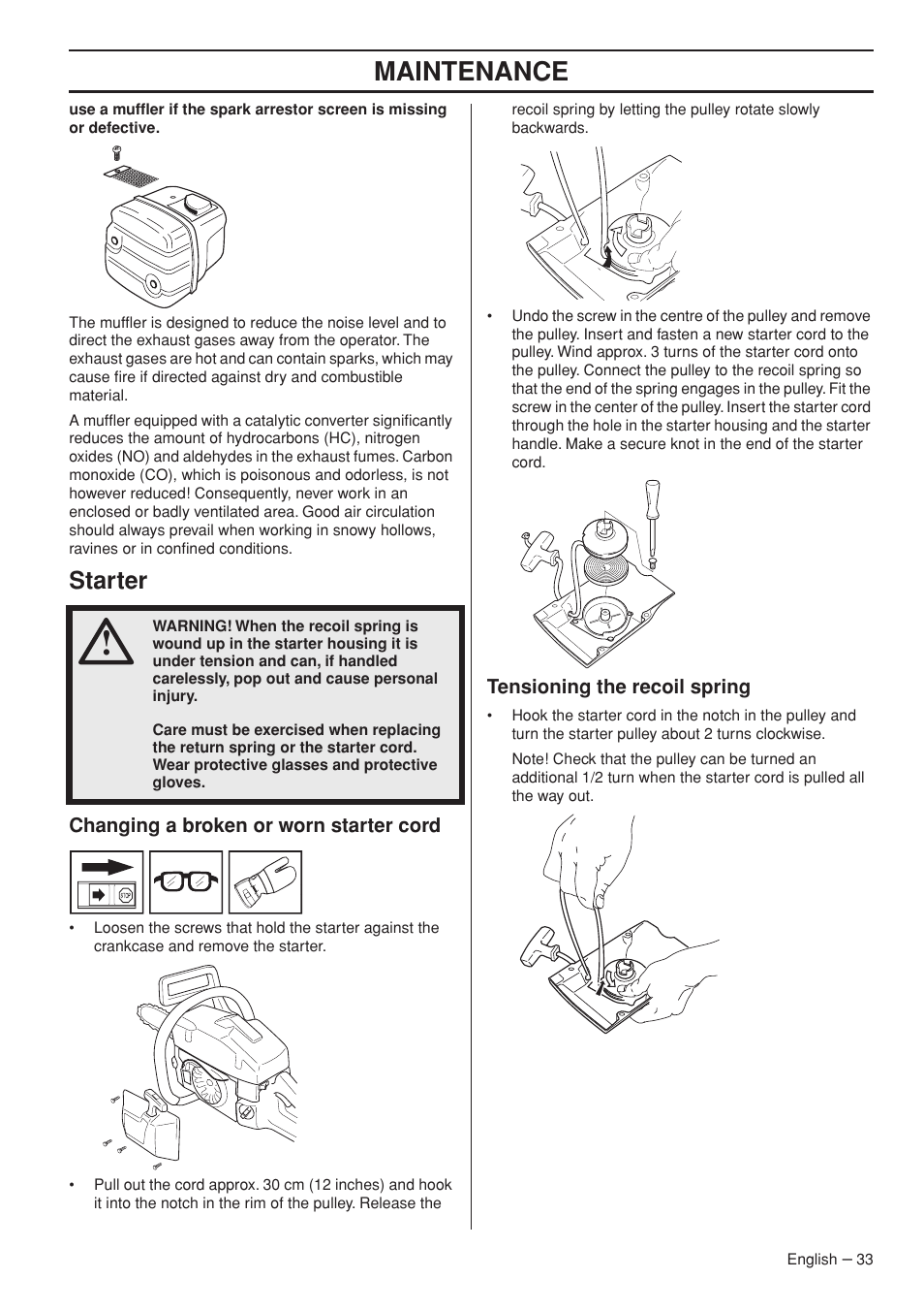 Starter, Changing a broken or worn starter cord, Tensioning the recoil spring | Maintenance | Husqvarna 1151322-95 User Manual | Page 33 / 44