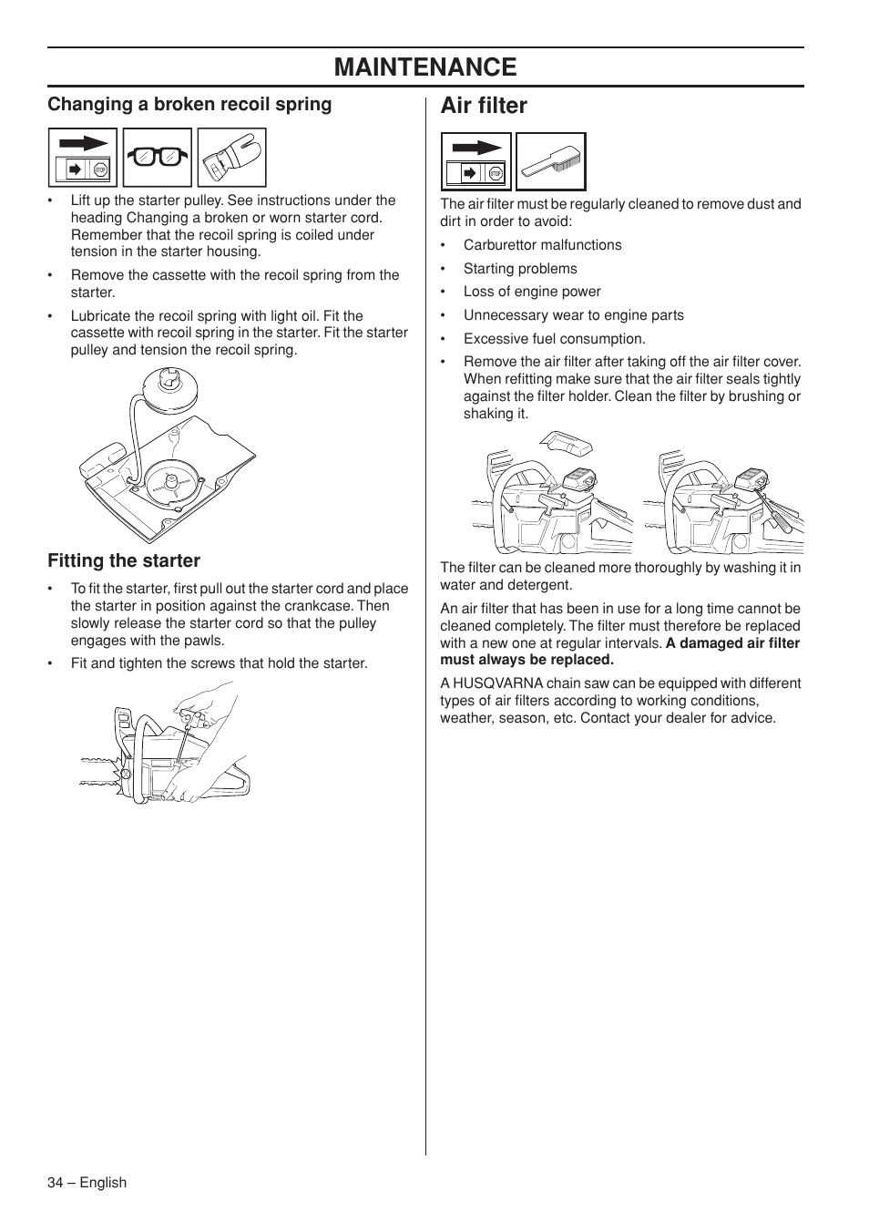 Changing a broken recoil spring, Fitting the starter, Air filter | Maintenance | Husqvarna 1151322-95 User Manual | Page 34 / 44