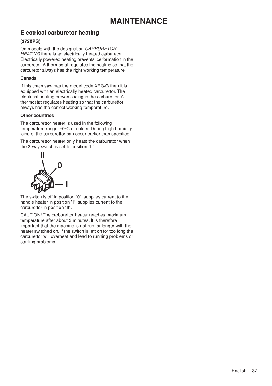 Electrical carburetor heating, Maintenance | Husqvarna 1151322-95 User Manual | Page 37 / 44