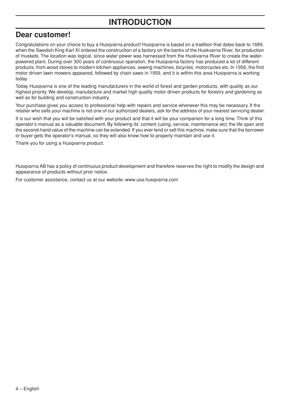Dear customer, Intr oduction | Husqvarna 1151322-95 User Manual | Page 4 / 44