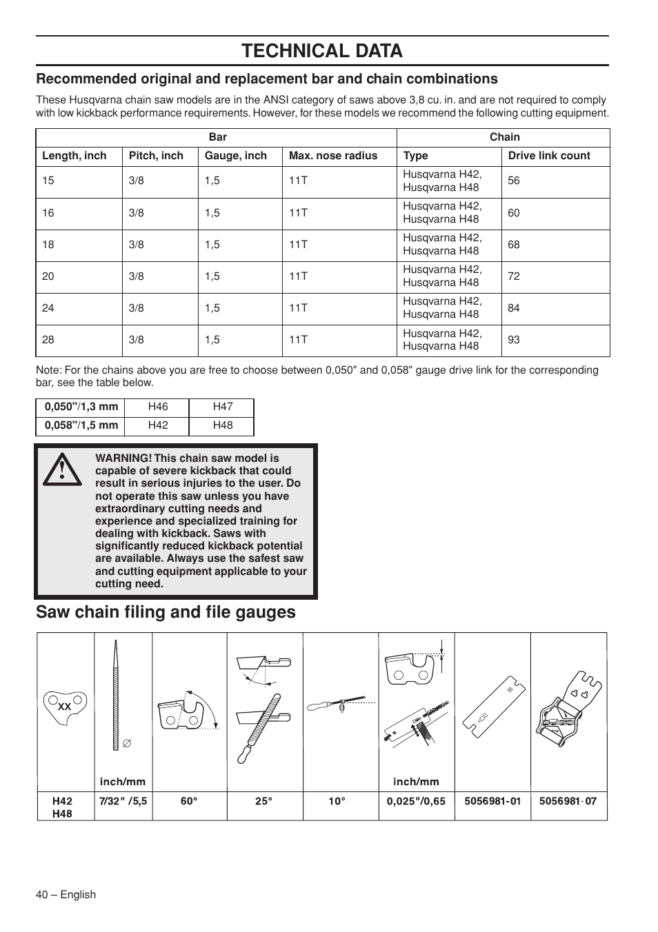 Saw chain filing and file gauges, Technical data | Husqvarna 1151322-95 User Manual | Page 40 / 44