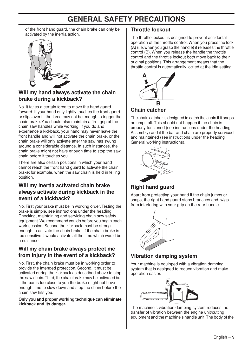 Throttle lockout, Chain catcher, Right hand guard | Vibration damping system, General safety precautions | Husqvarna 1151322-95 User Manual | Page 9 / 44