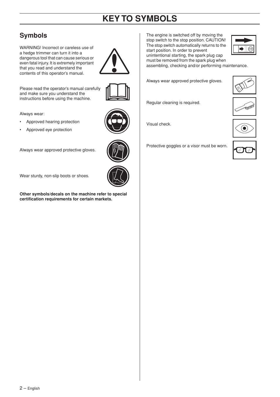 Symbols, Key t o symbols | Husqvarna 325HS75X Series User Manual | Page 2 / 24