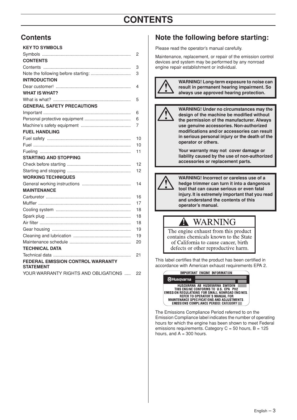 Husqvarna 325HS75X Series User Manual | Page 3 / 24