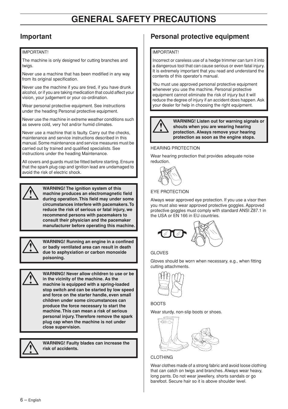 Important, Personal protective equipment, General safety preca utions | Impor tant personal protective equipment | Husqvarna 325HS75X Series User Manual | Page 6 / 24