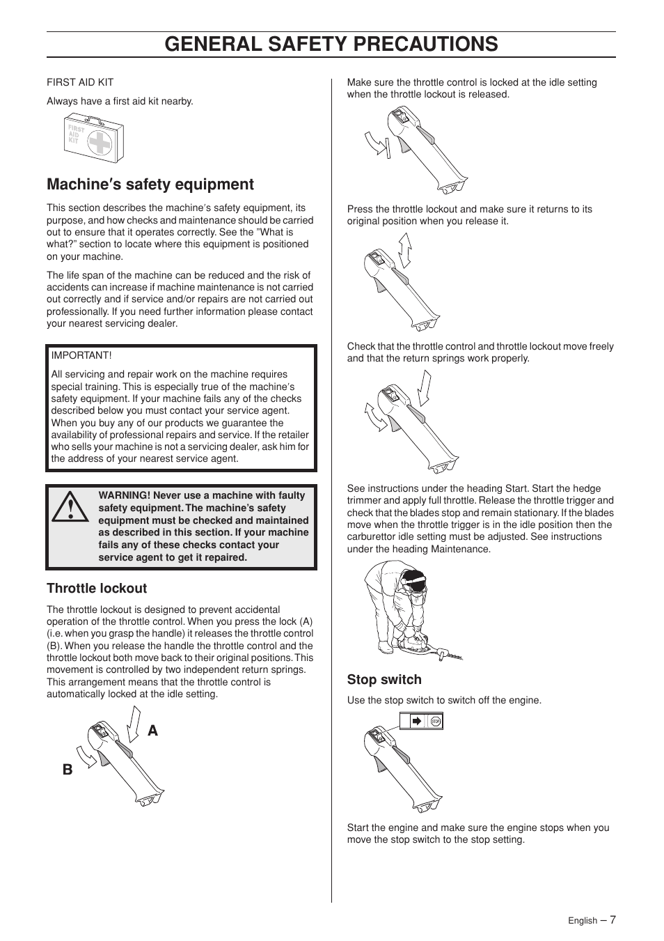 Machine¢s safety equipment, Throttle lockout, Stop switch | General safety preca utions, Mac hine ′′′′ s safety equipment | Husqvarna 325HS75X Series User Manual | Page 7 / 24