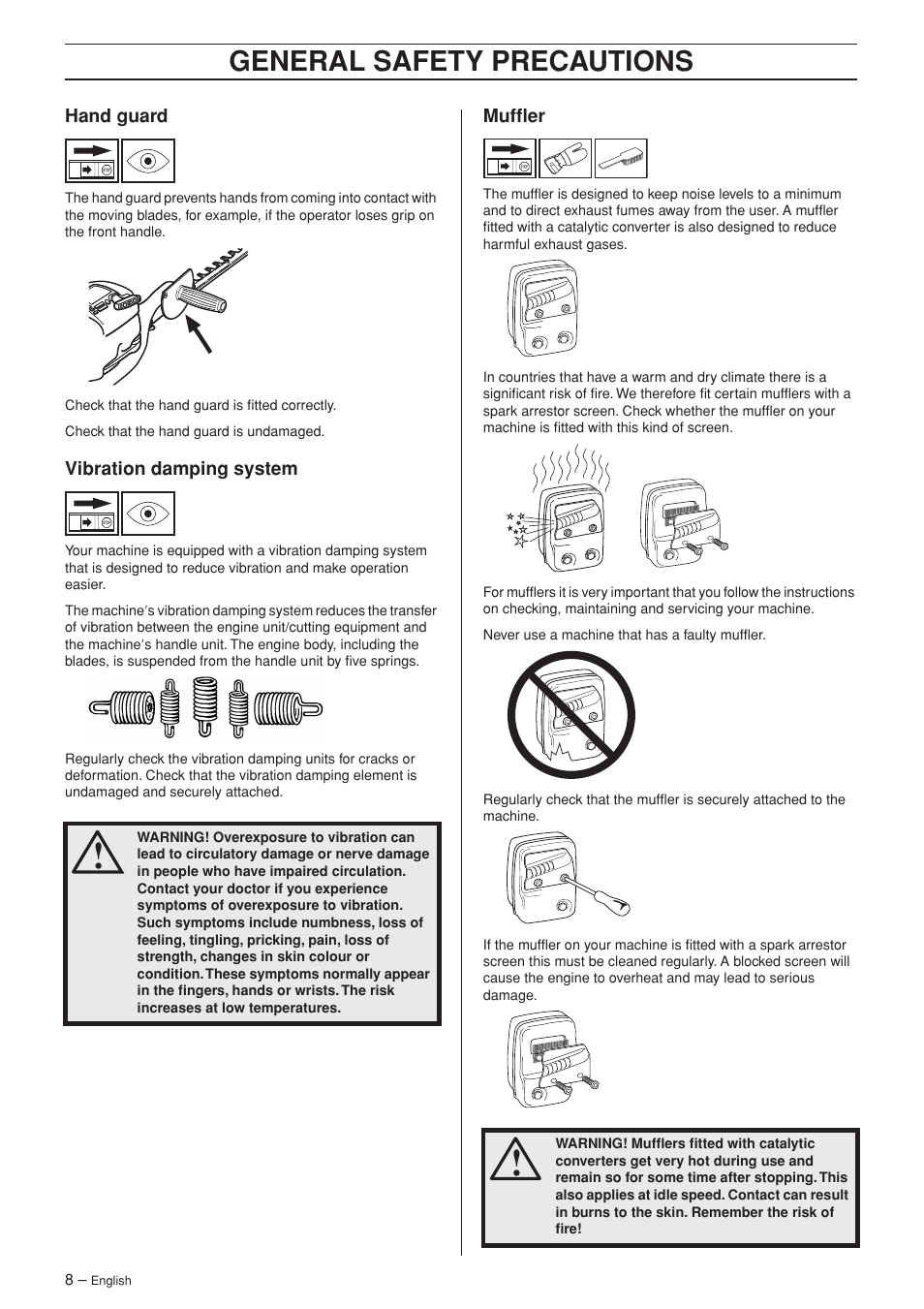 Hand guard, Vibration damping system, Muffler | General safety preca utions | Husqvarna 325HS75X Series User Manual | Page 8 / 24