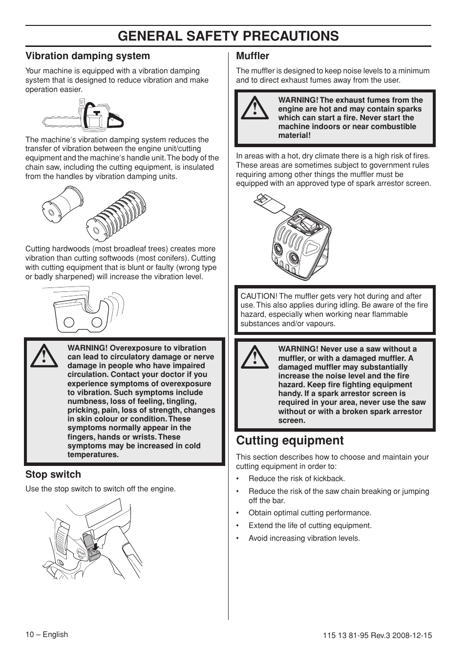 General safety precautions, Cutting equipment | Husqvarna 115 13 81-95 User Manual | Page 10 / 44