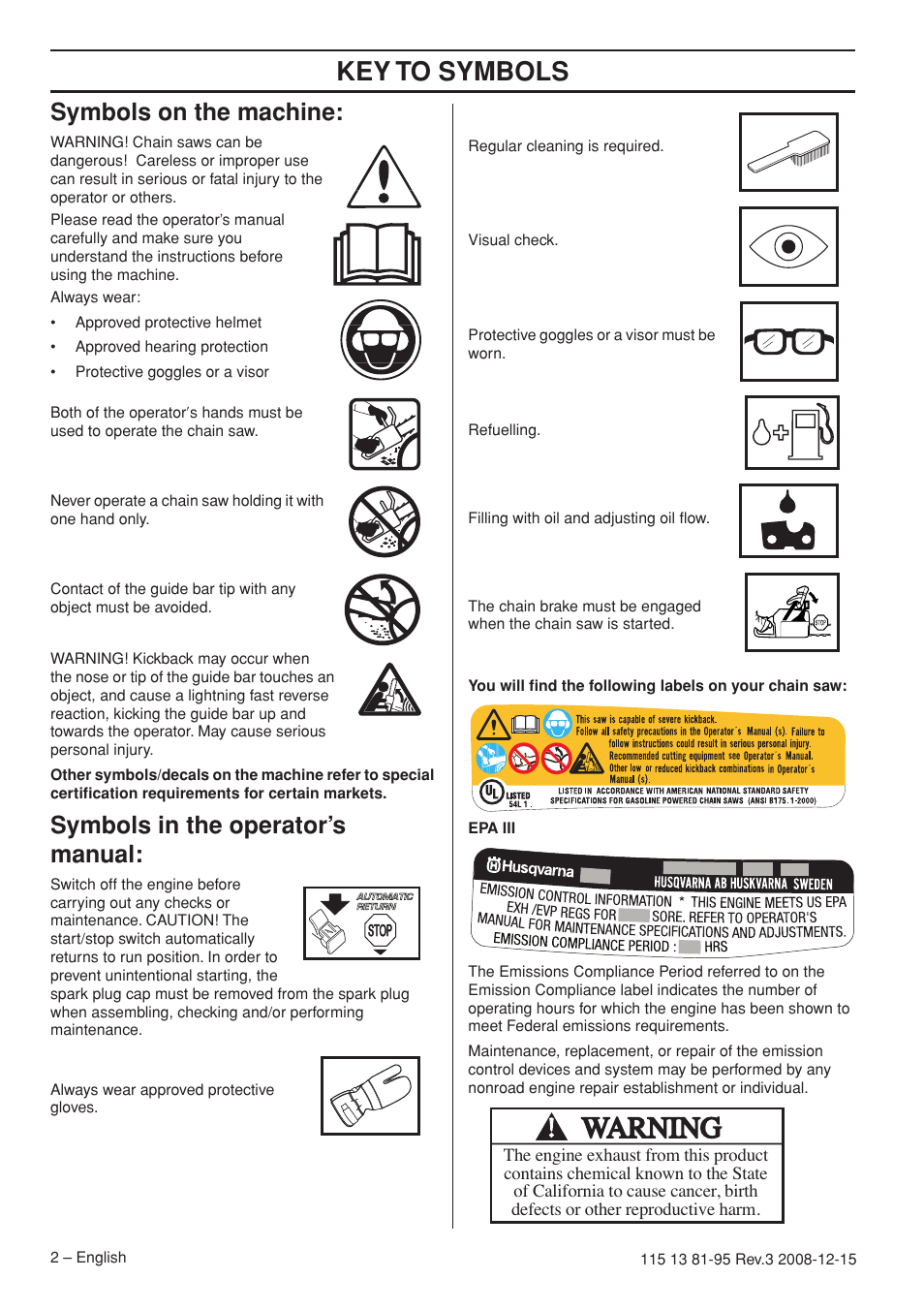 Key to symbols, Symbols on the machine, Symbols in the operator’s manual | Husqvarna 115 13 81-95 User Manual | Page 2 / 44