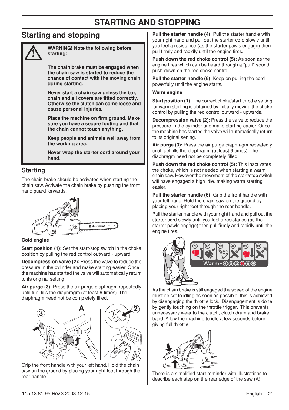Starting and stopping, 2a 3 1 | Husqvarna 115 13 81-95 User Manual | Page 21 / 44