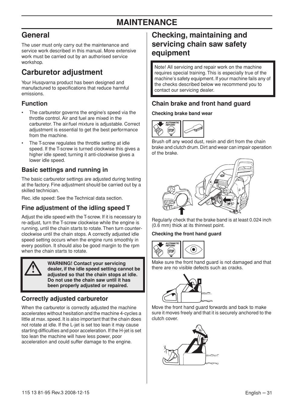 Maintenance, General, Carburetor adjustment | Husqvarna 115 13 81-95 User Manual | Page 31 / 44