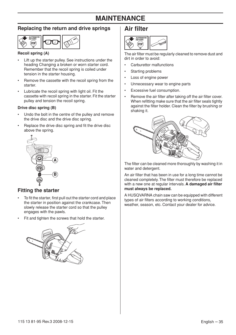 Maintenance, Air filter, Replacing the return and drive springs | Fitting the starter | Husqvarna 115 13 81-95 User Manual | Page 35 / 44