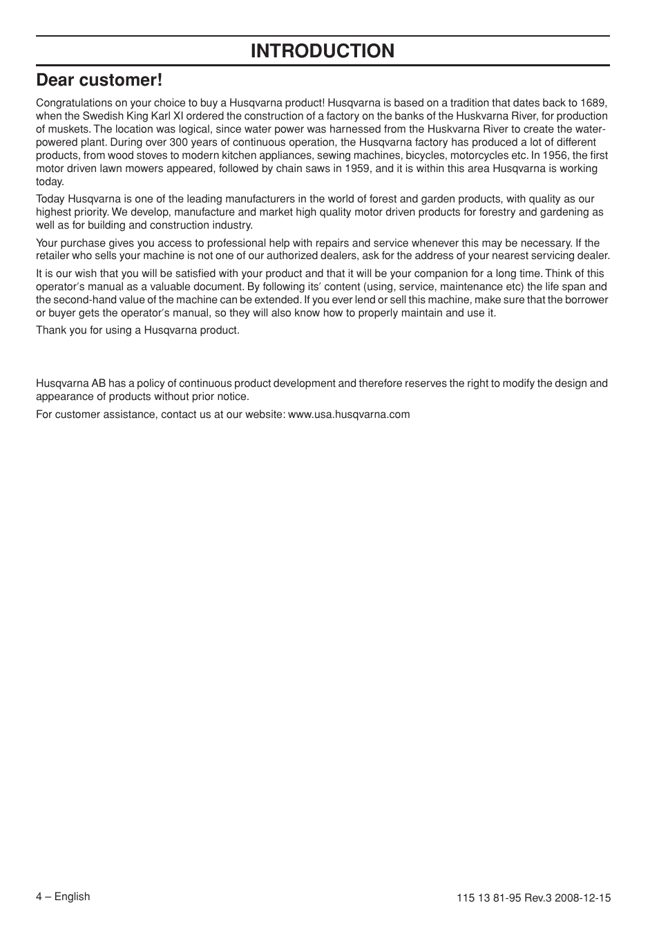 Introduction, Dear customer | Husqvarna 115 13 81-95 User Manual | Page 4 / 44