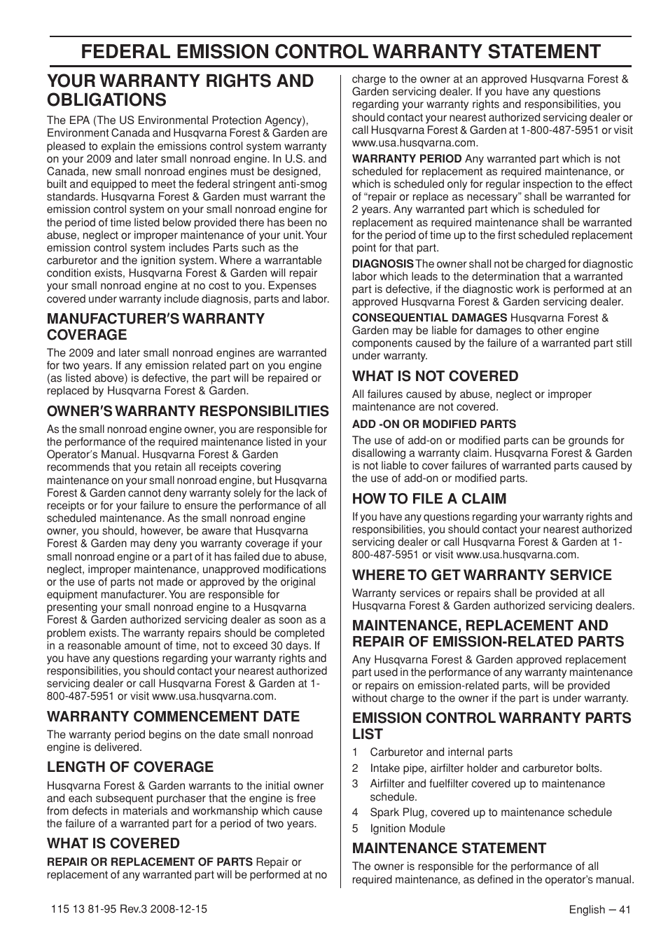 Federal emission control warranty statement, Your warranty rights and obligations | Husqvarna 115 13 81-95 User Manual | Page 41 / 44
