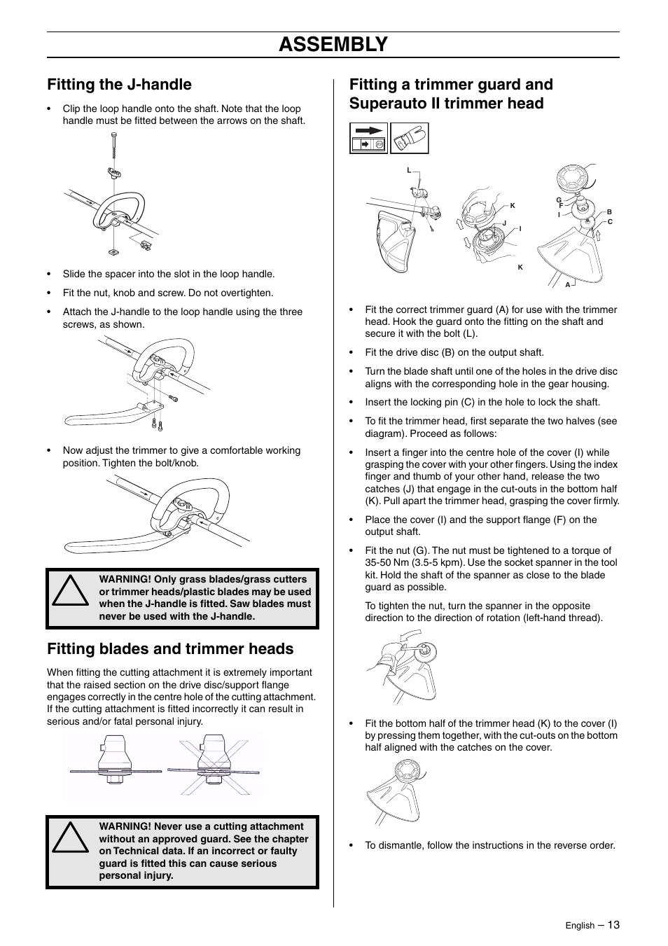 Fitting the j-handle, Fitting blades and trimmer heads, Assembly | Husqvarna 325RJ User Manual | Page 13 / 33
