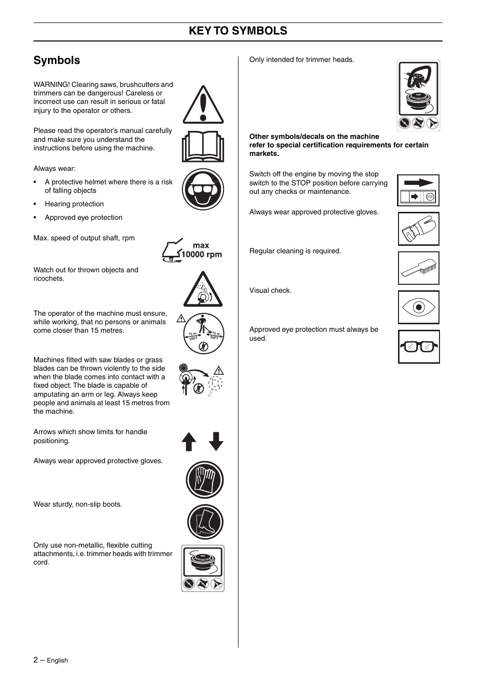 Symbols, Key to symbols symbols | Husqvarna 325RJ User Manual | Page 2 / 33