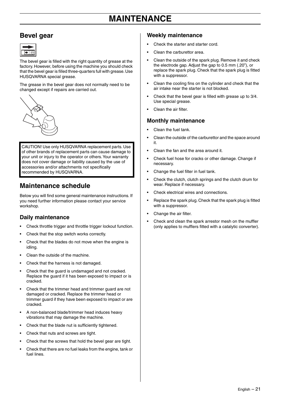 Bevel gear, Maintenance schedule, Daily maintenance | Weekly maintenance, Monthly maintenance, Maintenance | Husqvarna 325RJ User Manual | Page 21 / 33