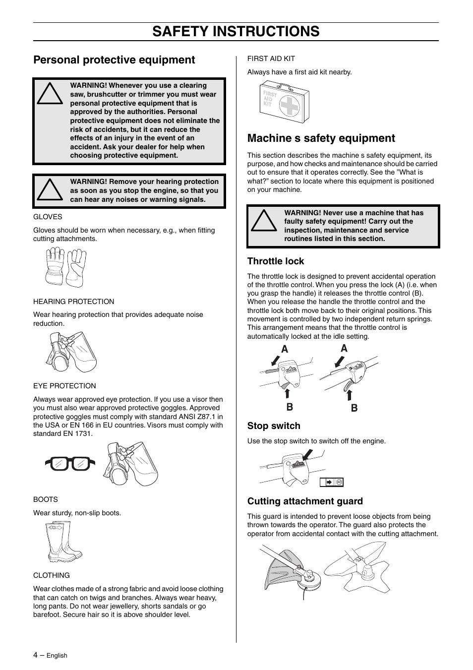 Personal protective equipment, Machine¢s safety equipment, Throttle lock | Stop switch, Cutting attachment guard, Safety instructions, Machine ′ s safety equipment | Husqvarna 325RJ User Manual | Page 4 / 33