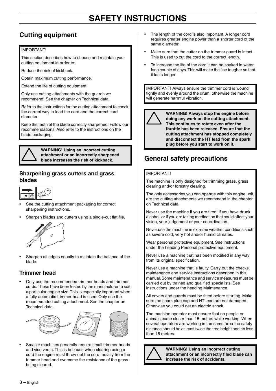 Cutting equipment, Sharpening grass cutters and grass blades, Trimmer head | General safety precautions, Safety instructions | Husqvarna 325RJ User Manual | Page 8 / 33