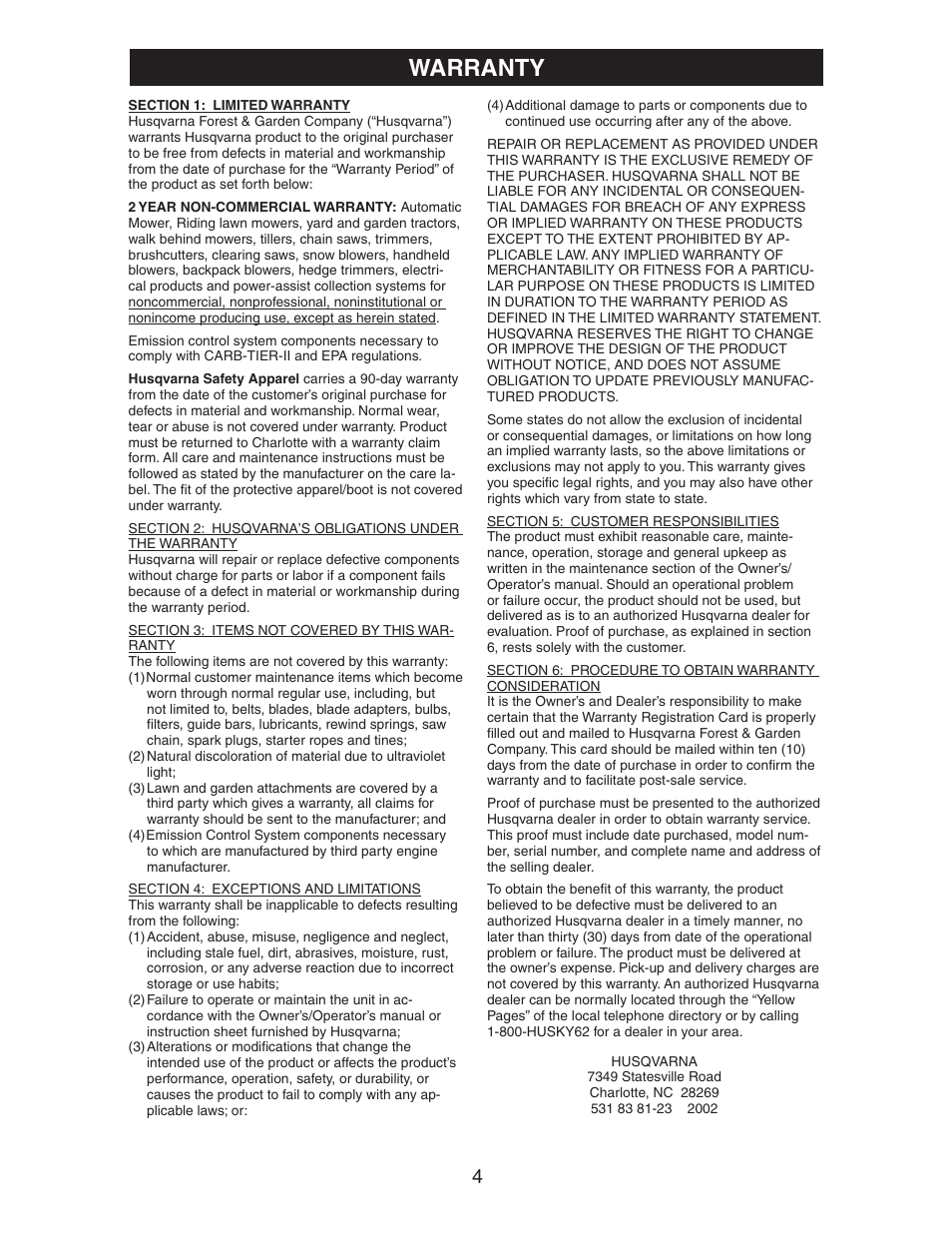 Warranty | Husqvarna 917.37581 User Manual | Page 4 / 28