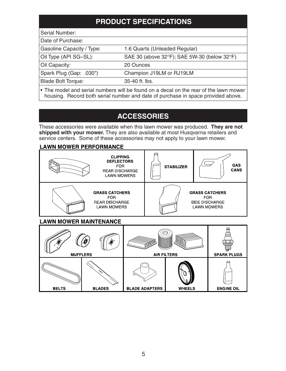 Product spec's, Accessories, Product specifications accessories | Husqvarna 917.37581 User Manual | Page 5 / 28