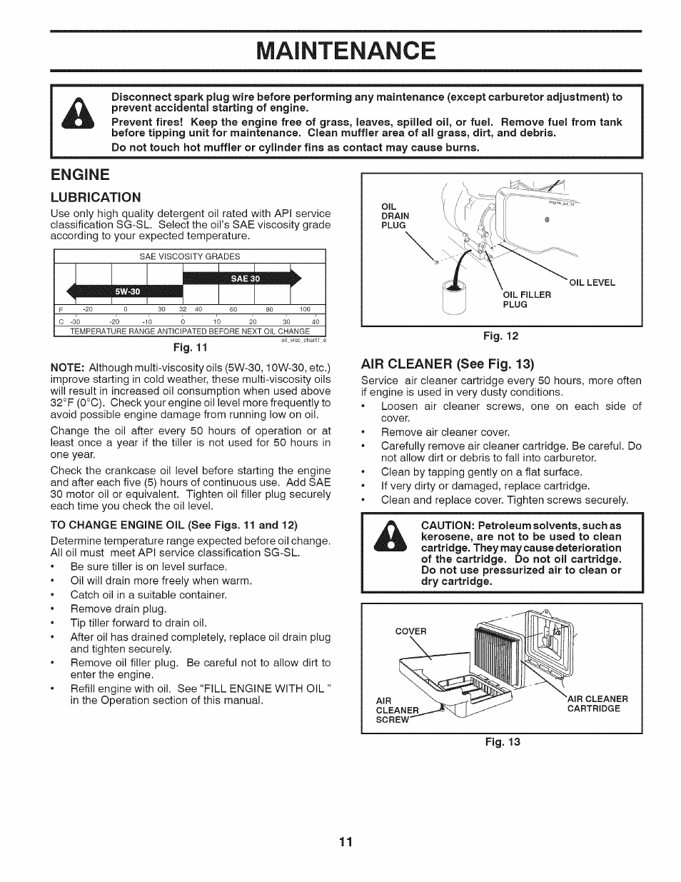 Maintenance, Engine, Lubrication | Air cleaner (see fig. 13) | Husqvarna 917.29939 User Manual | Page 11 / 32
