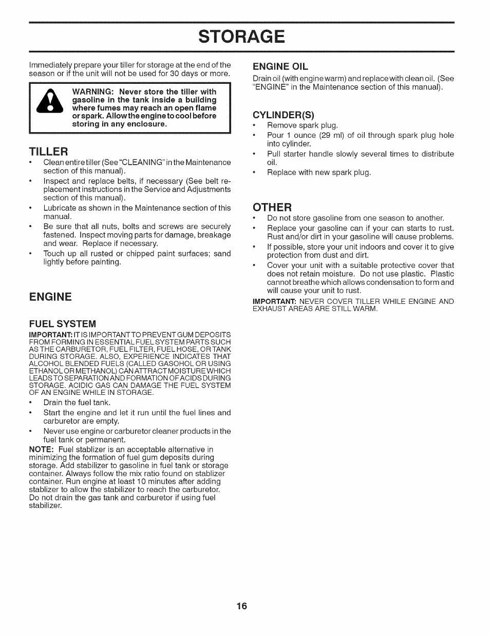 Storage, Tiller, Engine | Other | Husqvarna 917.29939 User Manual | Page 16 / 32