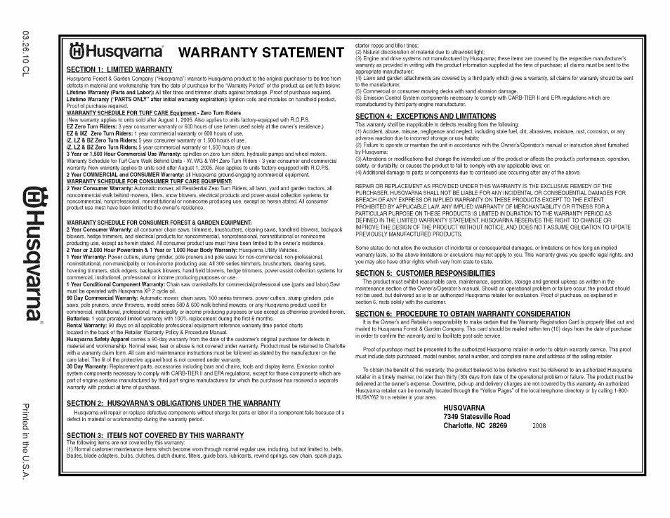 Êjhusqvarna, Warranty, Statement | Husqvarna 917.29939 User Manual | Page 32 / 32