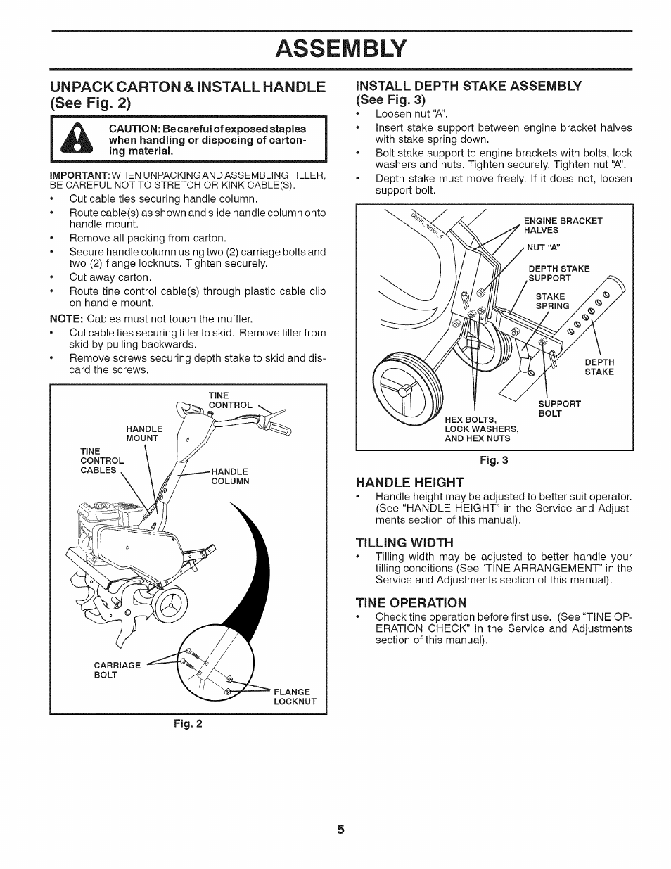 Assembly, Unpack carton & install handle (see fig. 2) | Husqvarna 917.29939 User Manual | Page 5 / 32