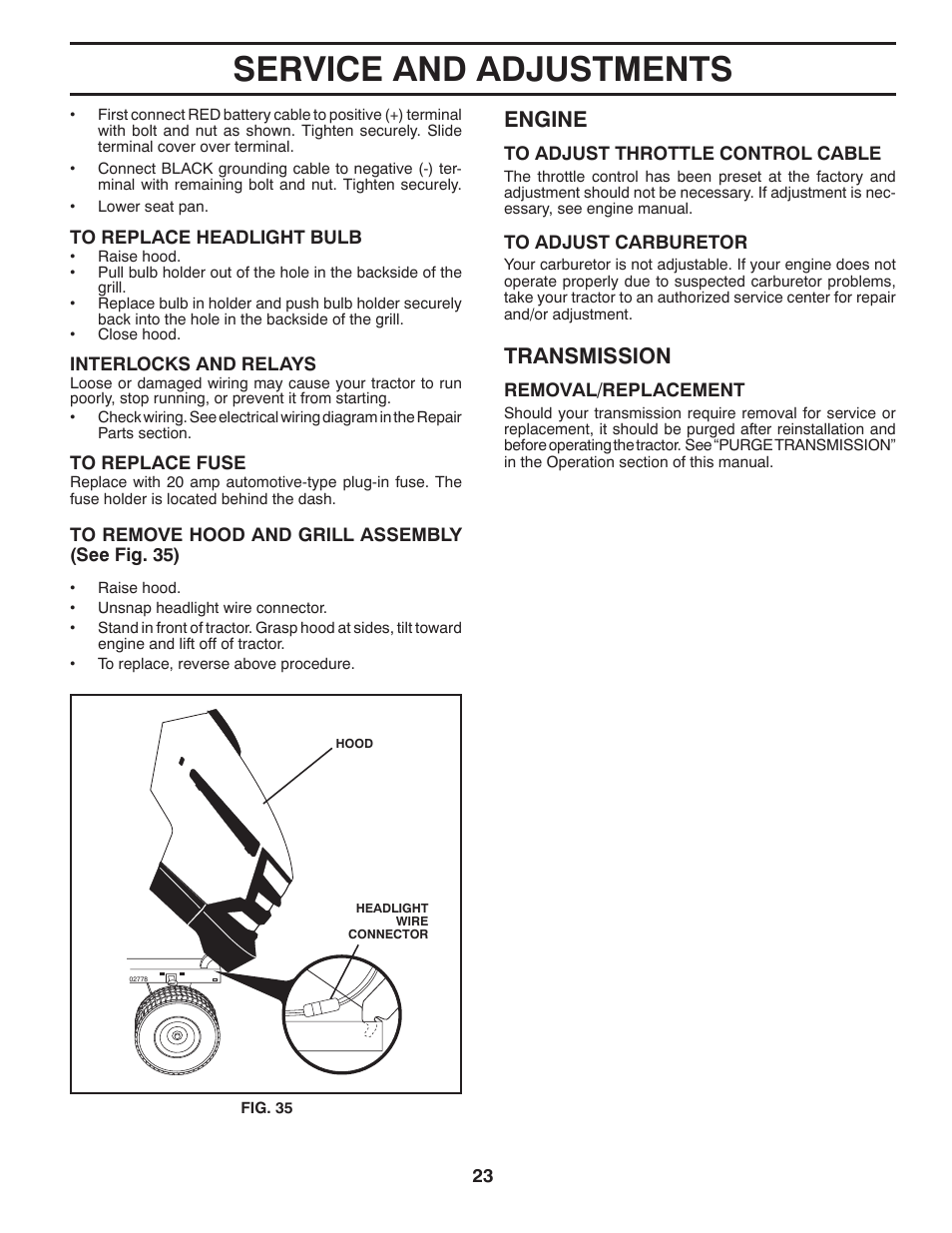 Service and adjustments, Engine, Transmission | Husqvarna 532 43 70-40 User Manual | Page 23 / 44