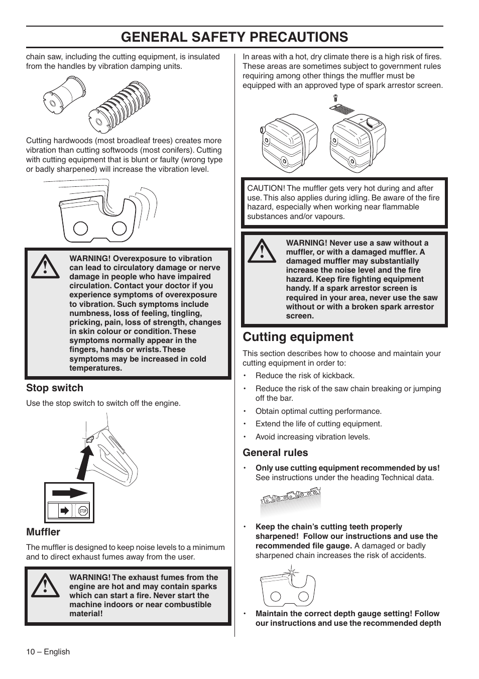 Stop switch, Muffler, Cutting equipment | General rules, General safety precautions | Husqvarna 365 EPA I User Manual | Page 10 / 44