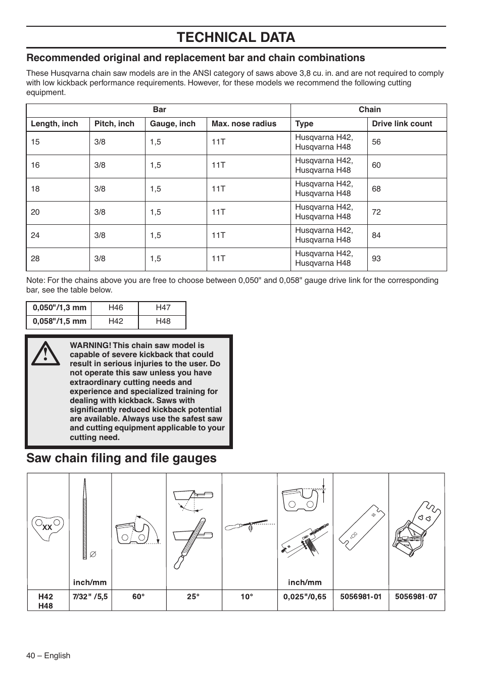 Saw chain filing and file gauges, Technical data, Saw chain ﬁling and ﬁle gauges | Husqvarna 365 EPA I User Manual | Page 40 / 44