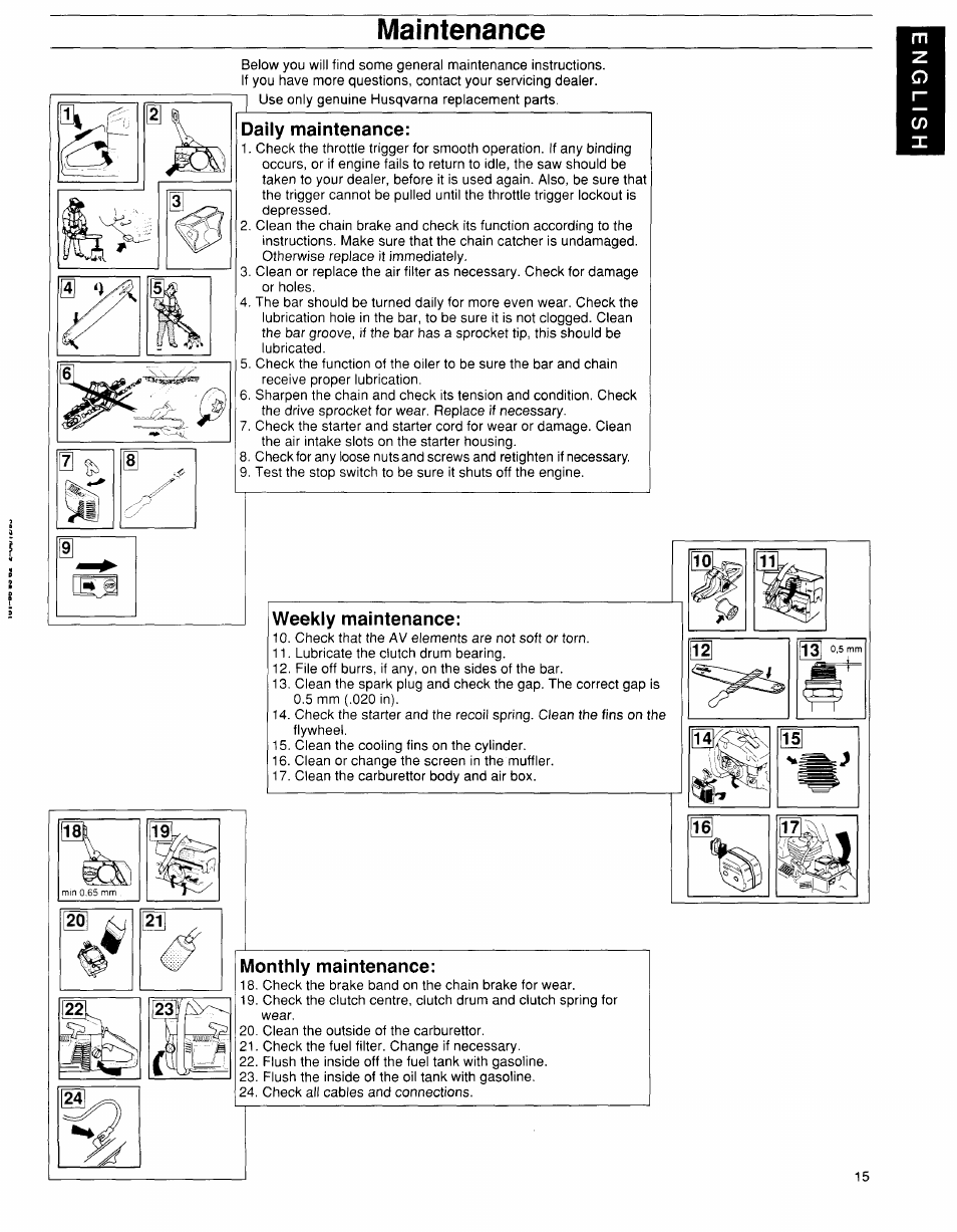 Maintenance, Daily maintenance, Weekly maintenance | Monthly maintenance, Maintenance -15 | Husqvarna 36 User Manual | Page 15 / 22