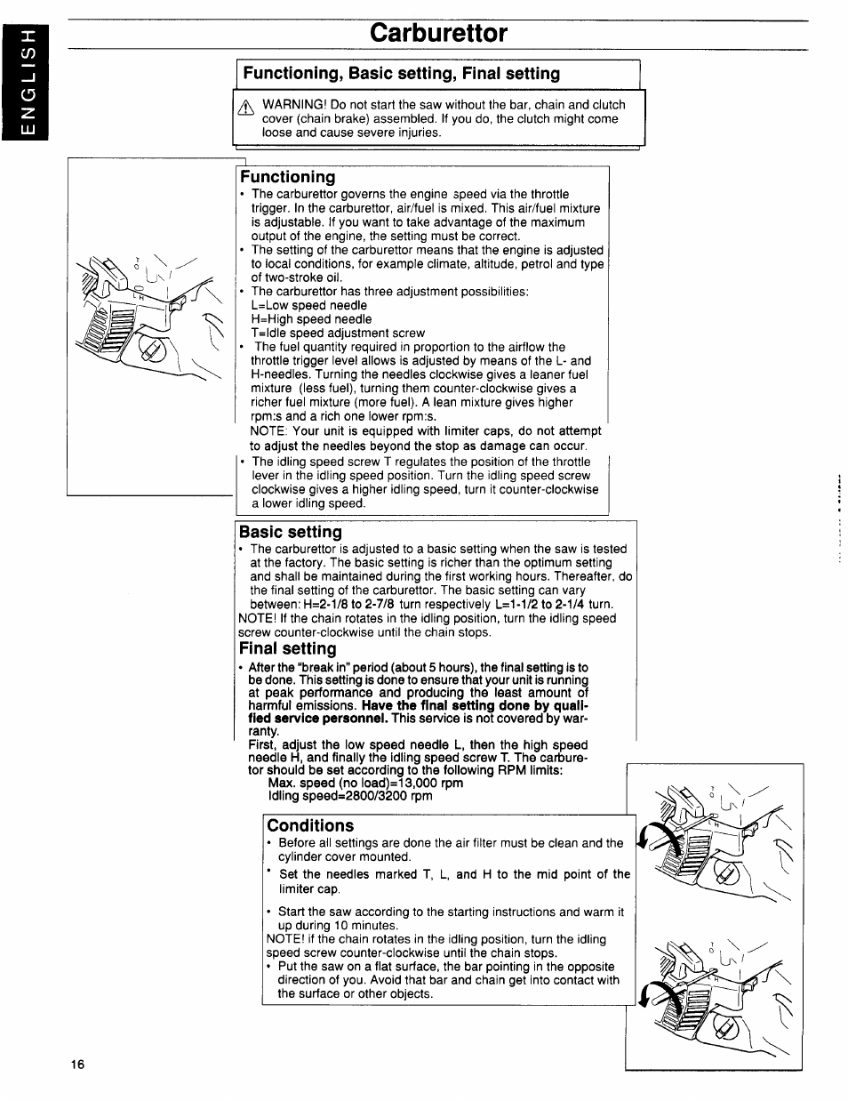 Carburettor, Functioning, basic setting, final setting, Functioning | Basic setting, Final setting, Conditions, Carburettor -17 | Husqvarna 36 User Manual | Page 16 / 22