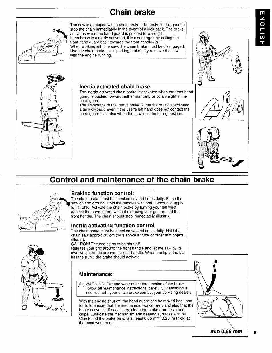 Chain brake, Inertia activated chain brake, Control and maintenance of the chain brake | Braking function control, Inertia activating function control, Maintenance | Husqvarna 36 User Manual | Page 9 / 22