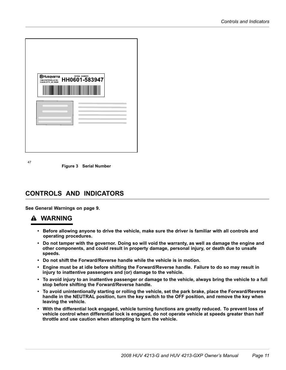 Controls and indicators, Warning | Husqvarna HUV 4213-GXP User Manual | Page 13 / 52