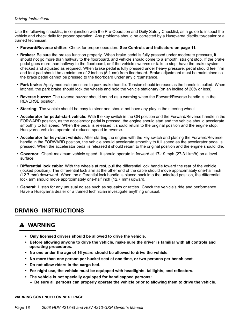 Driving instructions, Driving instructions warning | Husqvarna HUV 4213-GXP User Manual | Page 20 / 52