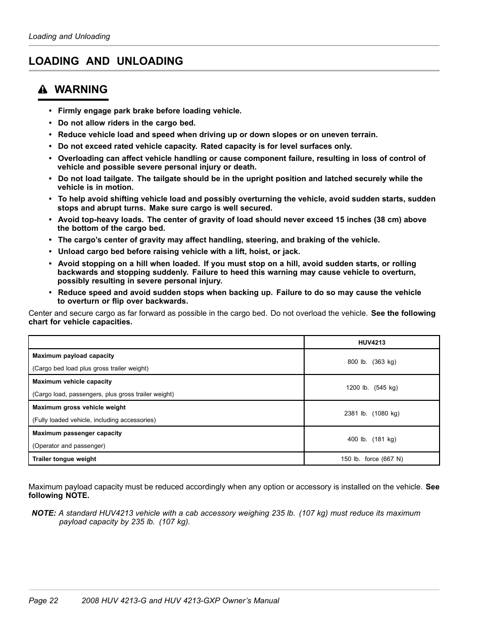 Loading and unloading, Loading and unloading warning | Husqvarna HUV 4213-GXP User Manual | Page 24 / 52