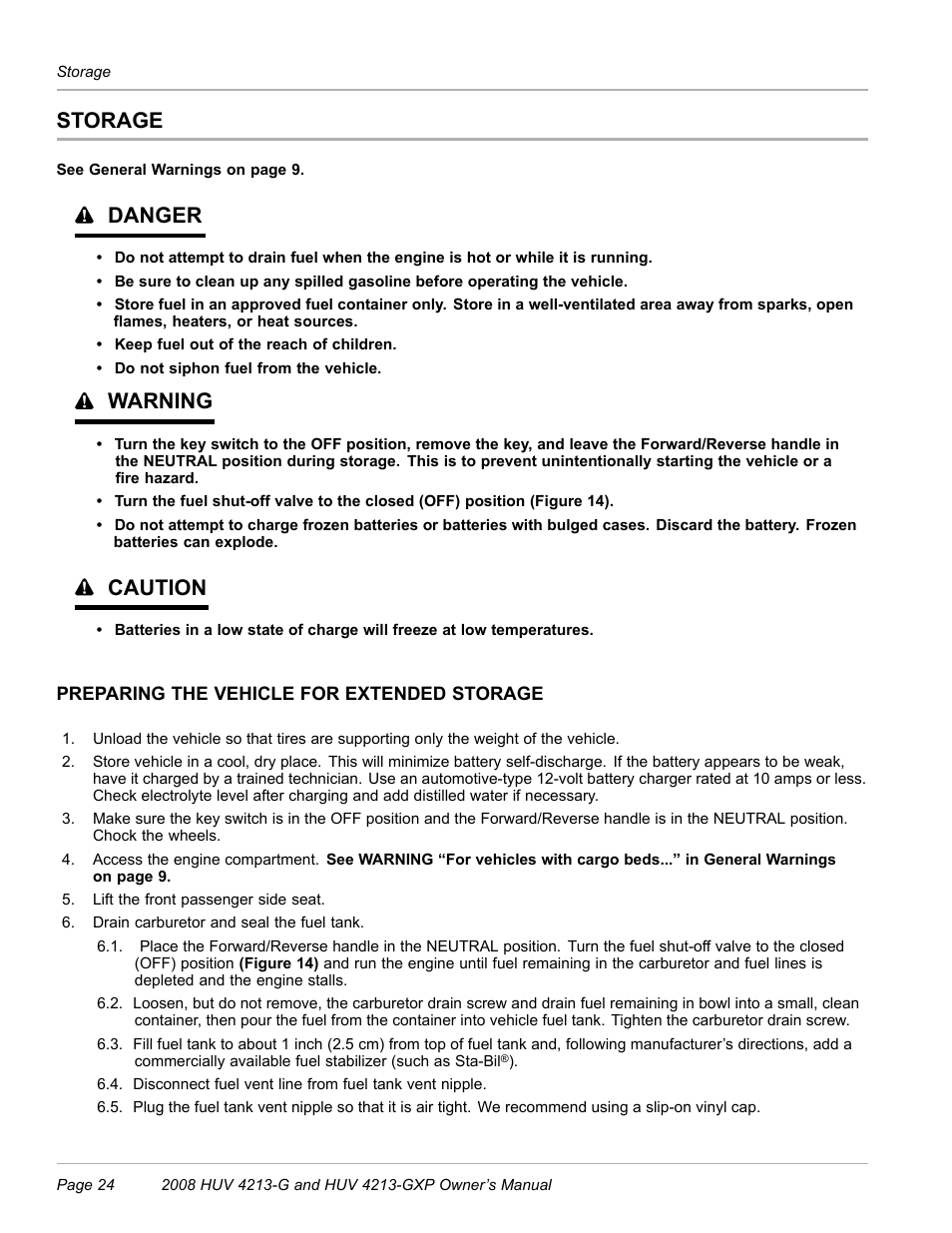 Storage, Preparing the vehicle for extended storage, Danger | Warning, Caution | Husqvarna HUV 4213-GXP User Manual | Page 26 / 52