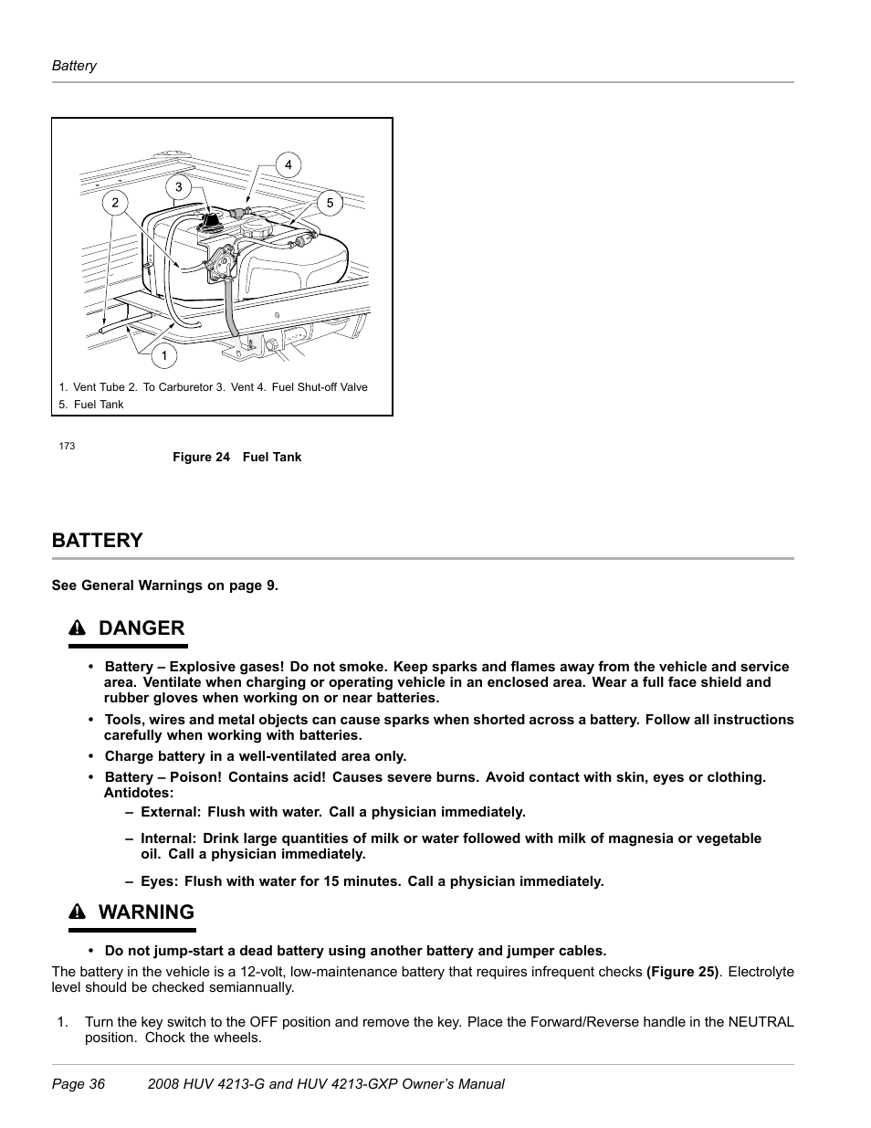 Battery, Figure 24), Danger | Warning | Husqvarna HUV 4213-GXP User Manual | Page 38 / 52