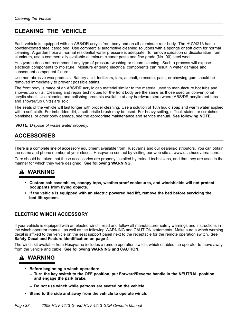 Cleaning the vehicle, Accessories, Electric winch accessory | Warning | Husqvarna HUV 4213-GXP User Manual | Page 40 / 52