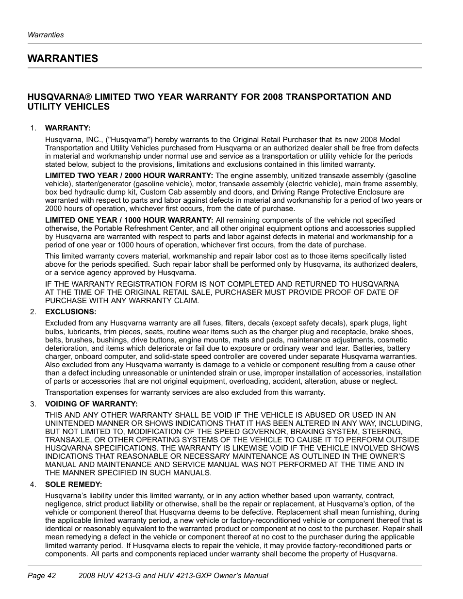 Warranties | Husqvarna HUV 4213-GXP User Manual | Page 44 / 52