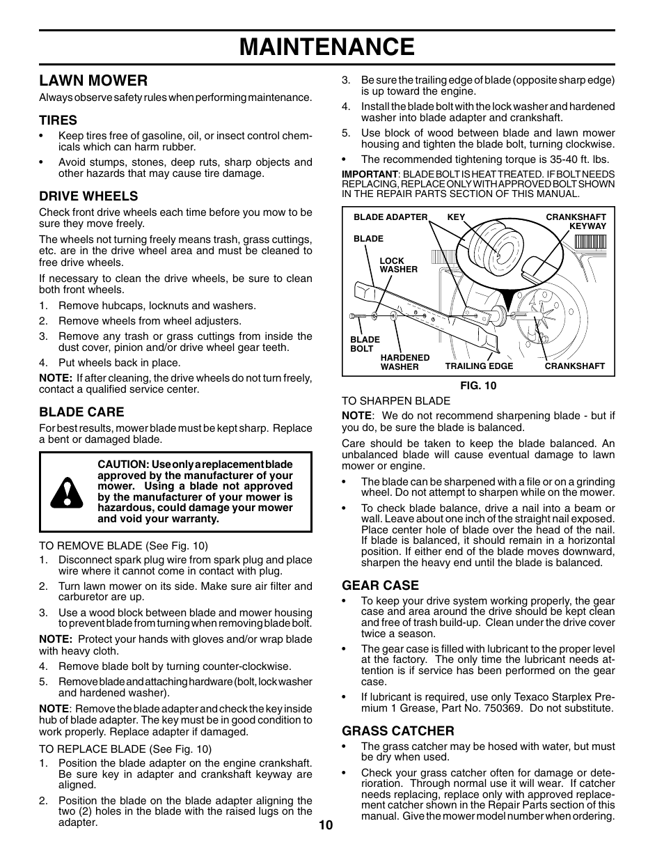 Maintenance, Lawn mower | Husqvarna 65021CHV User Manual | Page 10 / 20