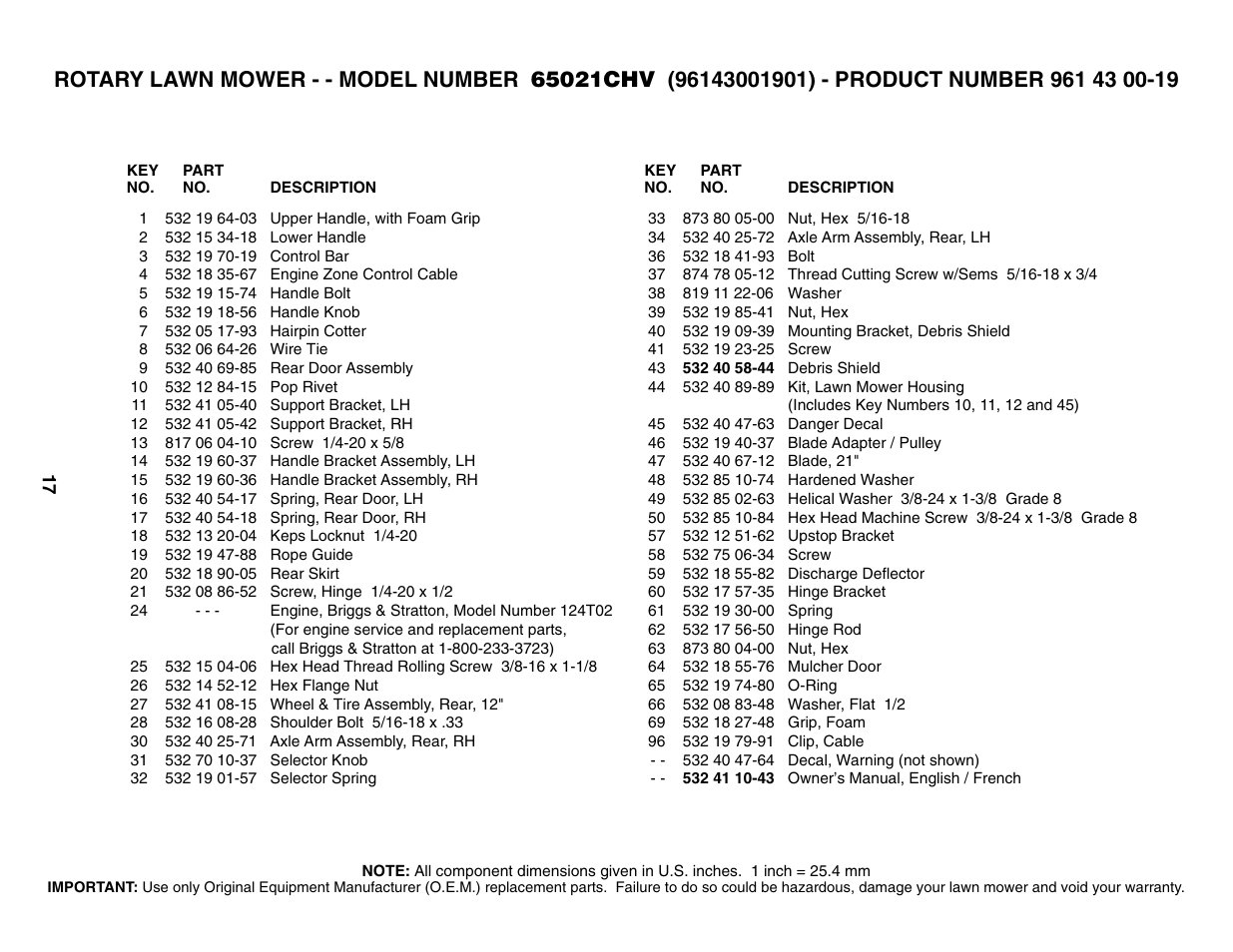 Parts list | Husqvarna 65021CHV User Manual | Page 17 / 20